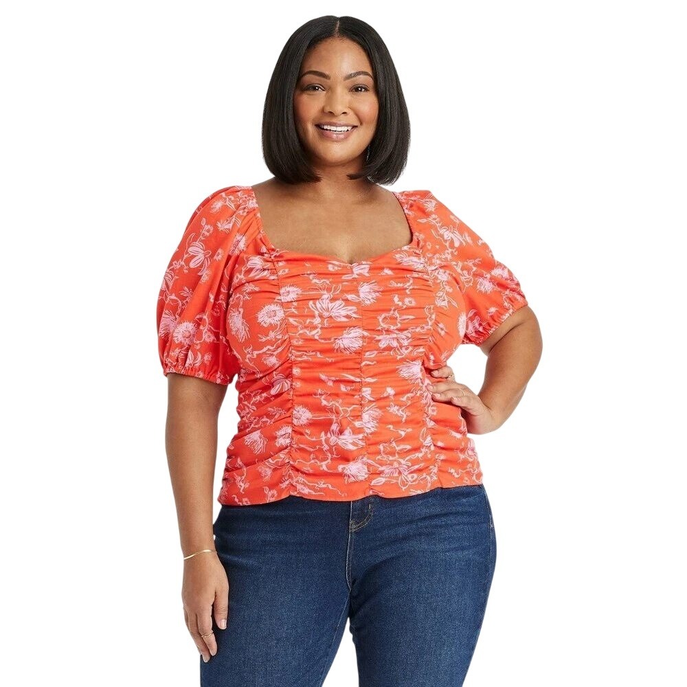 orange sweetheart cottage feminine ruched‎ smocked floral puff sleeves size XXL